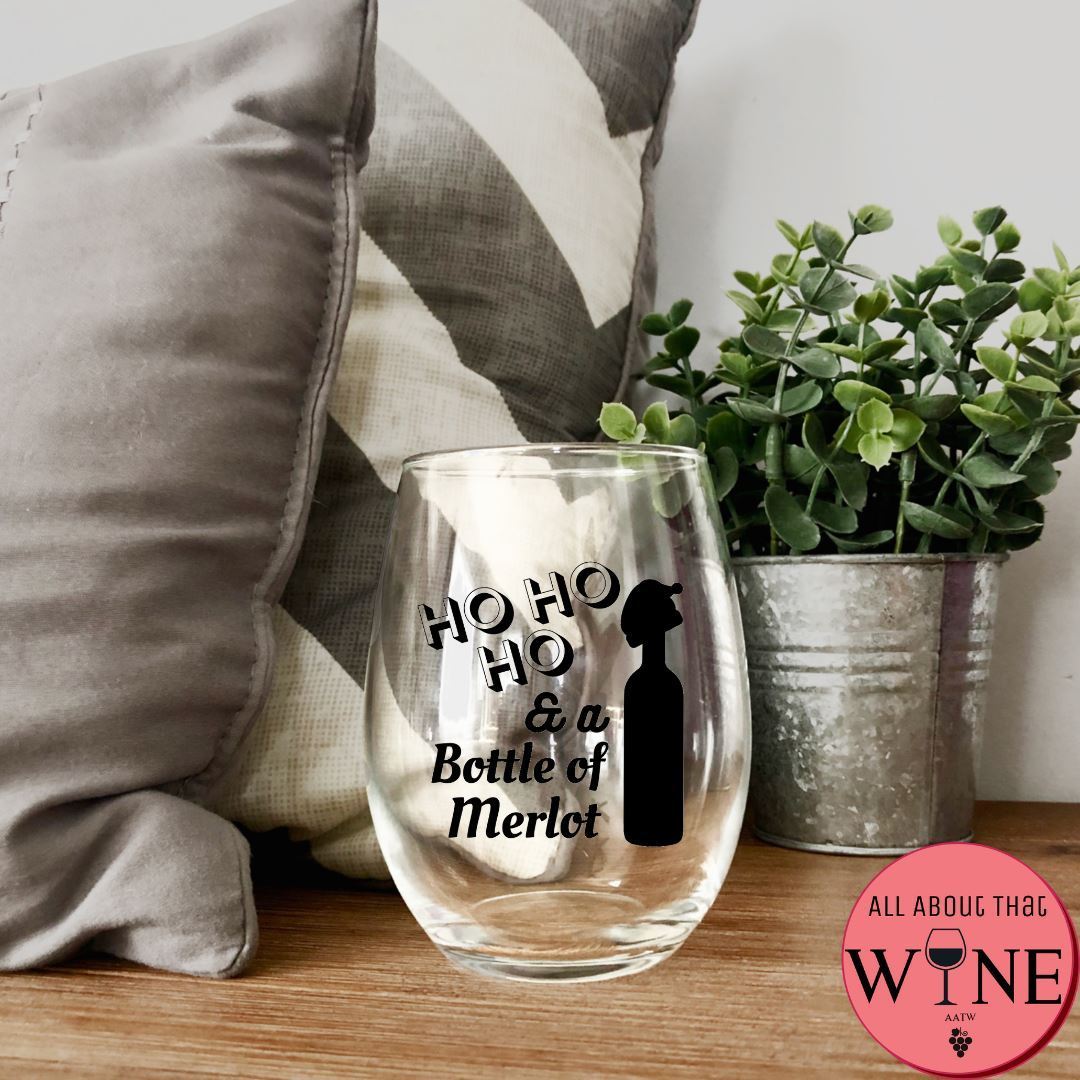 Ho Ho Ho & A Bottle Of Merlot Stemless Glass Iridescent Rainbow
