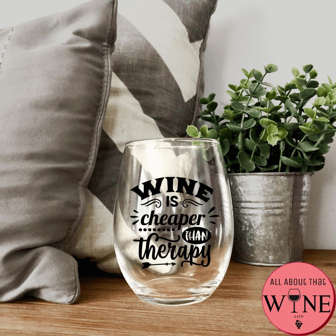 Wine Is Cheaper Than Therapy Stemless Glass Iridescent Rainbow 
