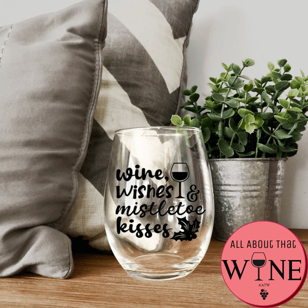 Wine, Wishes & Mistletoe Kisses Stemless Glass Black