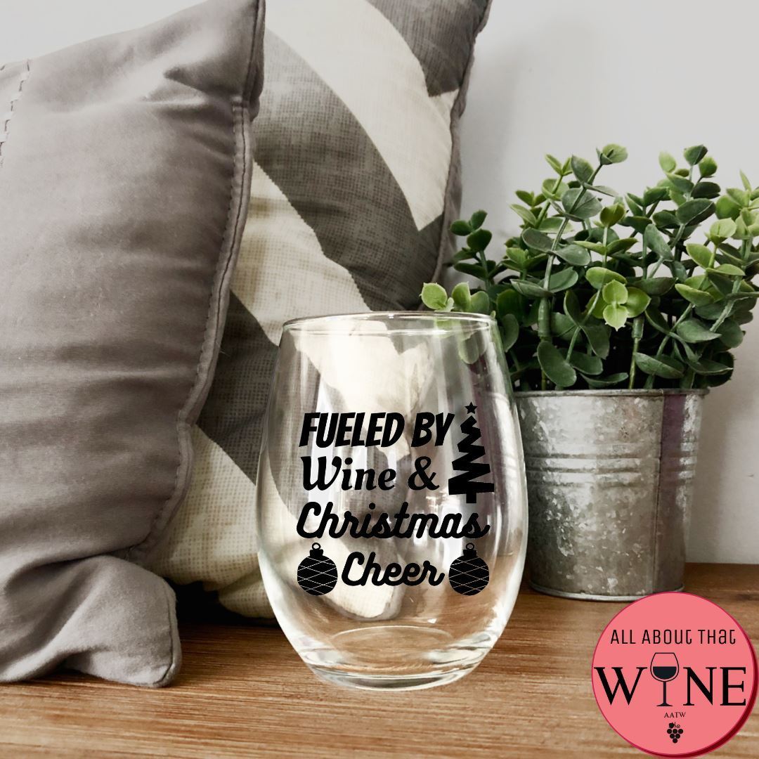 Fueled By Wine & Christmas Cheer Stemless Glass Iridescent Rainbow 