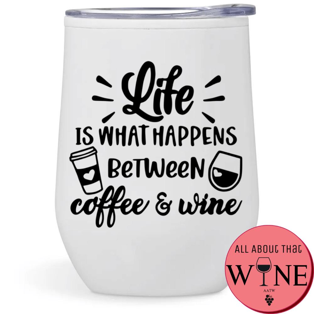 Life is what happens between coffee and wine Double-Wall Tumbler White Tumbler Black