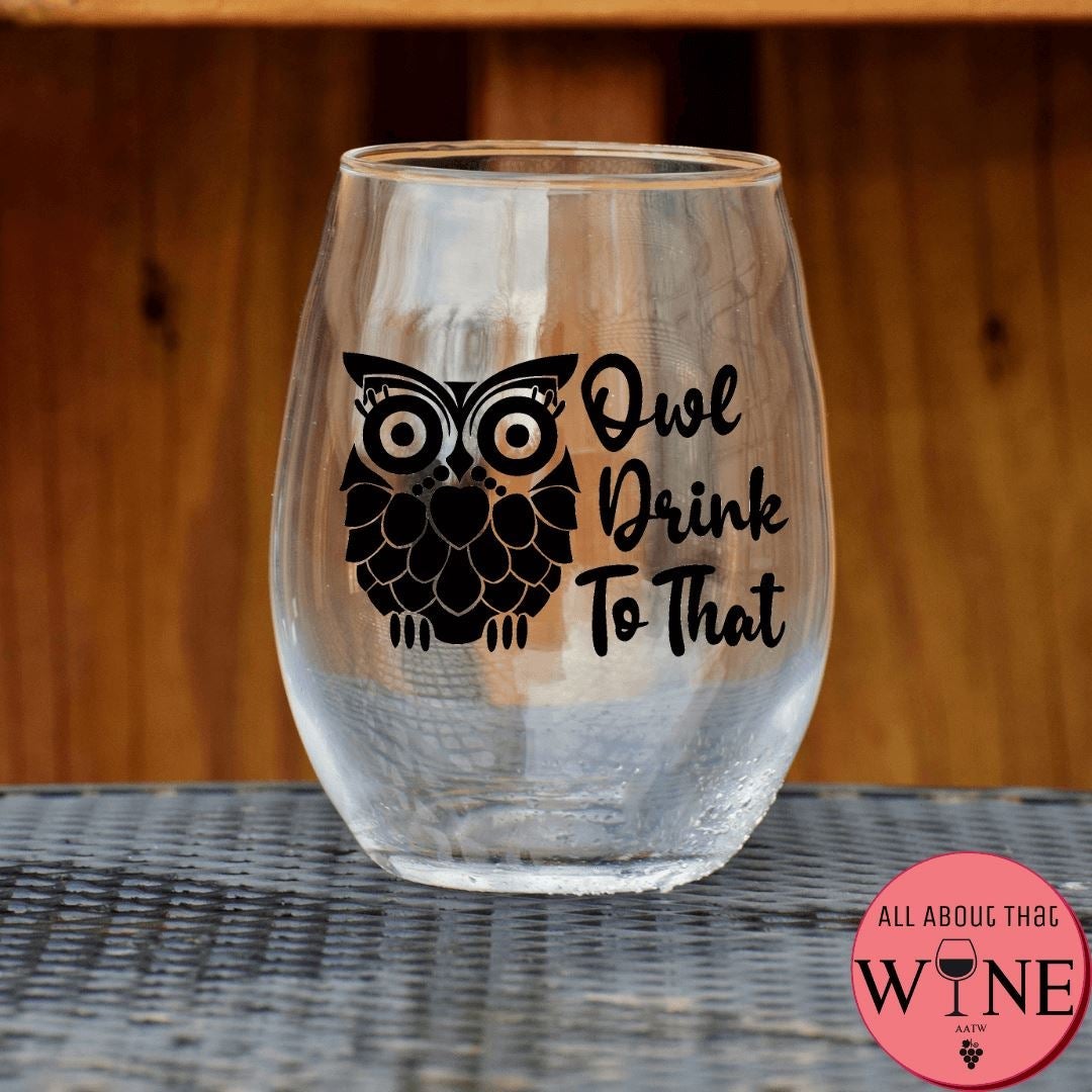 Owl Drink To That Stemless Glass    Matt black