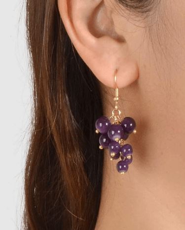 Tassel Bead Grape Earrings - Purple 