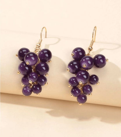 Tassel Bead Grape Earrings - Purple 