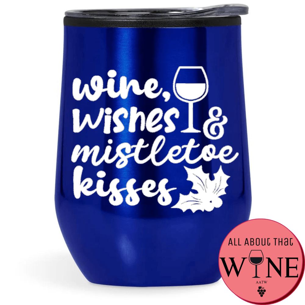 Wine, Wishes & Mistletoe Kisses Double-Wall Tumbler Blue Tumbler White