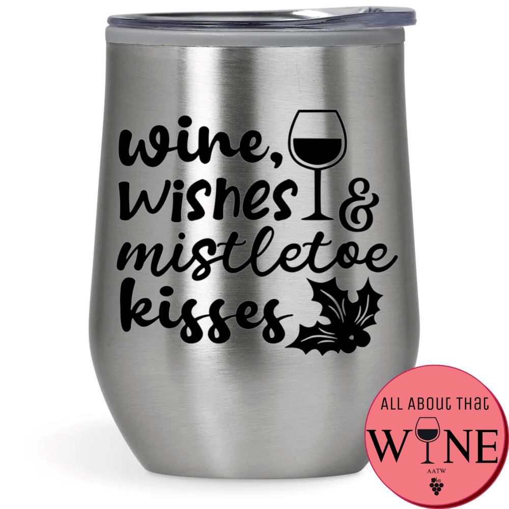 Wine, Wishes & Mistletoe Kisses Double-Wall Tumbler Silver Tumbler Black