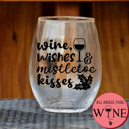 Wine, Wishes & Mistletoe Kisses Stemless Glass Matt Black 